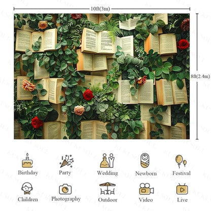 10x8FT Book Flowers Photo Backdrop Vintage Books Page Red Rose Flowers Weeding Background for Birthday Wedding Party Portrait Decoration Supplies Photo Booth Props KUBDJ1002