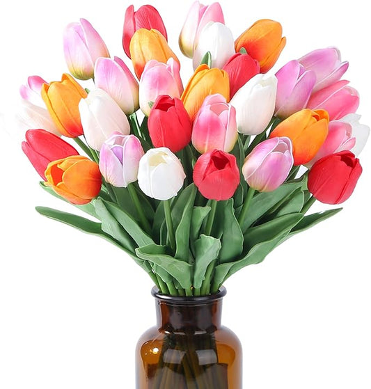 SITUMEIZI Fake Flowers Tulips Artificial Silk Flower 15pcs Real Touch 14" for Spring Easter Home Kitchen Wedding Bouquet Bulk Mother's Gift Day Decorations(Multicolor,5-3)