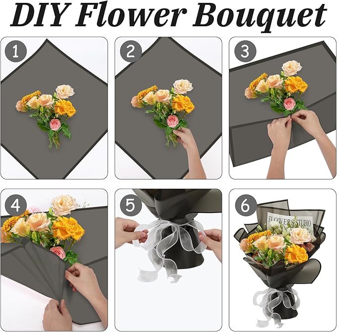 Rumvan Flower Wrapping Paper, 20 Sheets, Waterproof, Floral Bouquet Design, for Wedding, Birthday Gift, DIY Florist Supplies (Black)