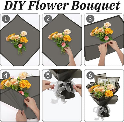 Rumvan Flower Wrapping Paper, 20 Sheets, Waterproof, Floral Bouquet Design, for Wedding, Birthday Gift, DIY Florist Supplies (Black)