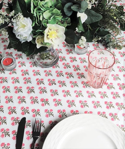 ATOSII Gulbahar White Pink 100% Cotton Fall Rectangle Tablecloth, Handblock Print Floral Table Cloth for Kitchen Dining Linen I Thanksgiving Christmas Weddings Outdoors I 72 X 120 Inches I 10 Seater