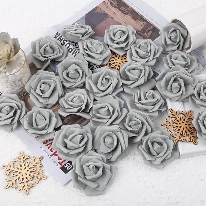 IPOPU Artificial Rose Flower Heads, 100 Pcs Real Looking Silver Gray Foam Fake Roses for DIY Wedding Baby Shower Centerpieces Arrangements Party Tables Home Decorations (Silver Gray, Stemless)