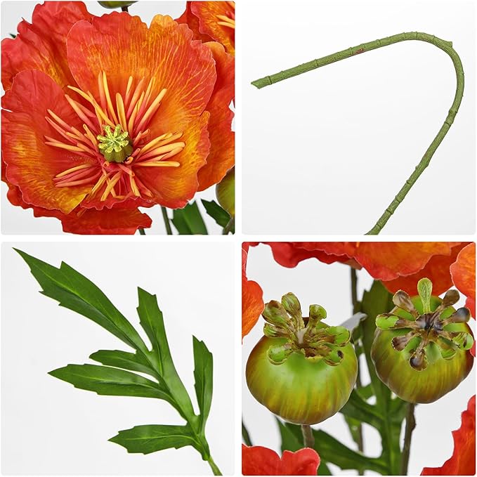Hollyone 5Pcs Dark Orange Poppy Flowers Artificial Bouquet 32.2" Silk Fake Poppy Flowers Arrangement Real Touch Faux Poppies Flower Long Stem for DIY Wedding Party Table Centerpiece Table Home Decor