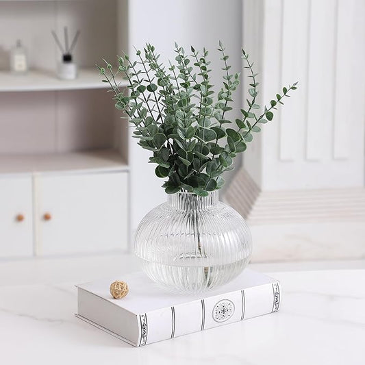 Round Glass Vase, Flower Vases for Bouquet, Ribbed Glass Vases for Flowers, Small Clear Vase for Living Room, Office, Coffee Table, Shelf, Wedding, 6 Inches