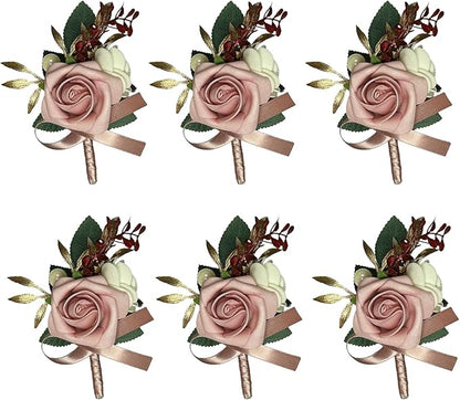 6PCS Pink Boutonniere for Men,Dusty Rose Boutonniere Pins for Men Groomsmen Guest Boutonniere, Artificial Flowers for Wedding Decor Prom Homecoming