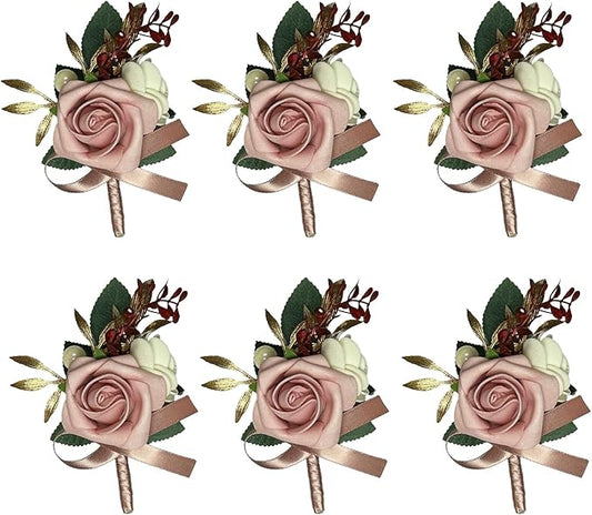 6PCS Pink Boutonniere for Men,Dusty Rose Boutonniere Pins for Men Groomsmen Guest Boutonniere, Artificial Flowers for Wedding Decor Prom Homecoming