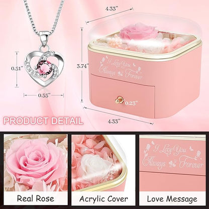 Preserved Roses Jewelry Box with Heart Necklace - Eternal Rose & ‘I Love You Always & Forever’ Engraving - Luxury Gift for Mom, Wife, or Grandma on Mother’s Day