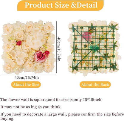 3D Flower Wall Backdrop - 12Pcs Artificial Flower Wall Panel 15 * 15inch Decoration Champagne and Red Roses Wall for Home Party Wedding Anniversary Birthday