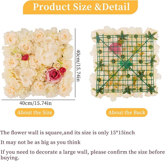 3D Flower Wall Backdrop - 12Pcs Artificial Flower Wall Panel 15 * 15inch Decoration Champagne and Red Roses Wall for Home Party Wedding Anniversary Birthday