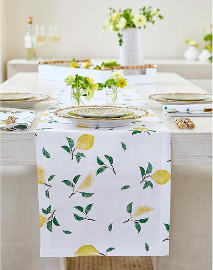Solino Home Lemon Print Table Runner 90 Inches Long - 100% Pure Linen Table Runner 14 x 90 Inch - Machine Washable - Botanical Lemon/White Print