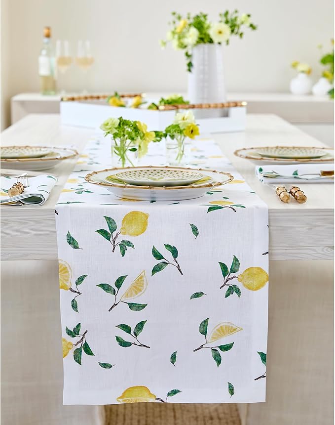 Solino Home Lemon Print Table Runner 60 inch - 100% Pure Linen Table Runner 14 x 60 Inch - Machine Washable - Botanical Lemon/White Print