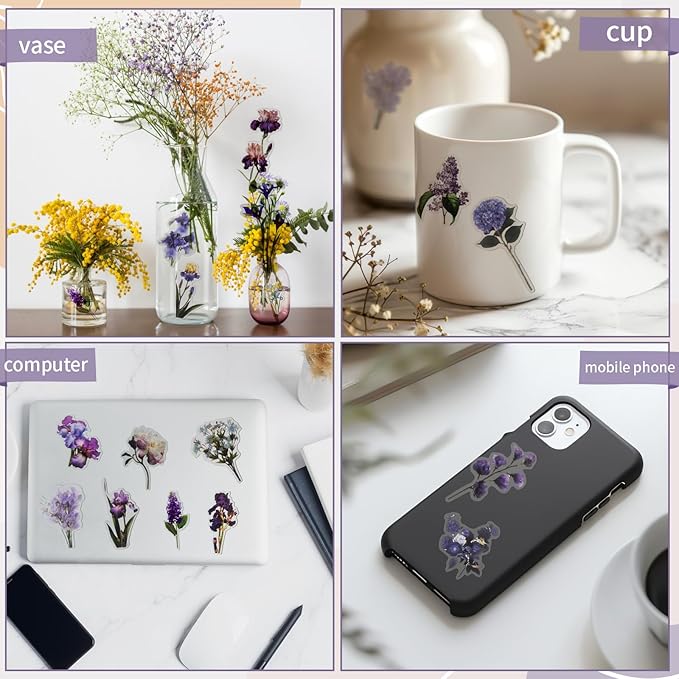 Natural Flower Sticker for Scrapbooking,PET Nature Plant Stickers Floral Stickers Vintage Craft Sticker,for Journaling Scrapbooking Clear Flower Decal (Style H)