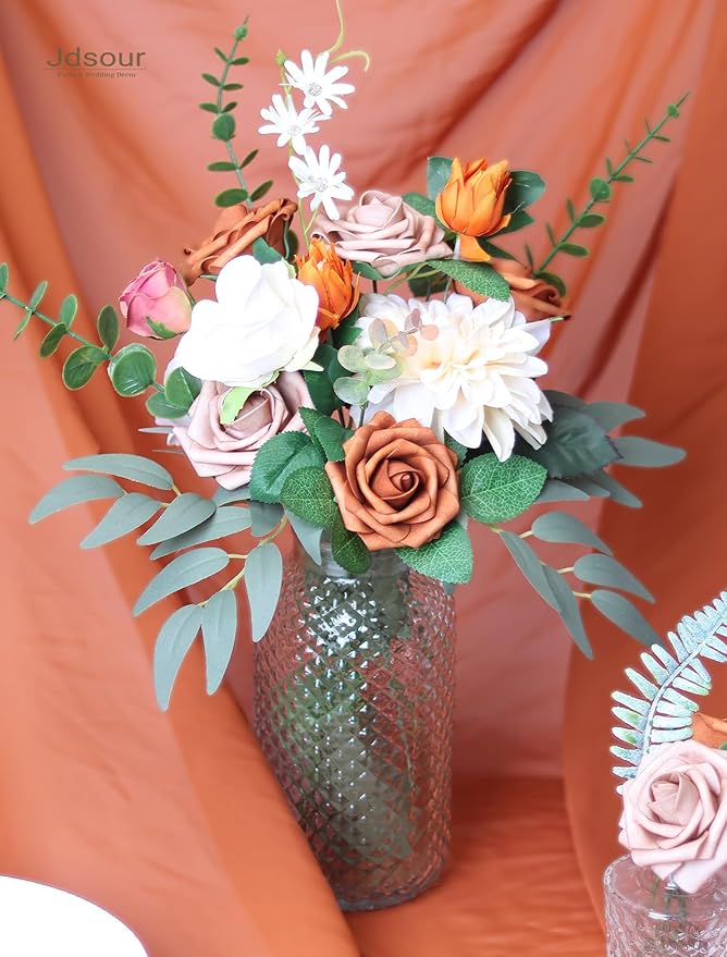 50pcs Artificial Flower，Real Touch Foam Roses w/Stem DIY for Wedding Bouquet Centerpieces Party Shower Home Decor-Burnt Orange Taupe