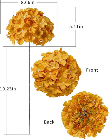DuHouse 8.7" Silk Hydrangea Flower Heads with Stems Fake Hydrangeas Flowers for DIY Wedding Centerpiece Home Decor,Pack of 6(Mustard Yellow)