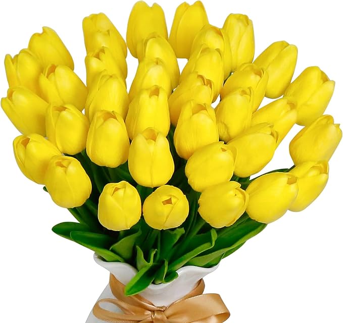36 PCS Yellow Tulips Artificial Flowers 13" PU Fake Flowers for Wedding Home Decor (Yellow)
