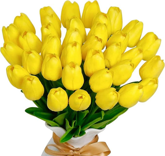 36 PCS Yellow Tulips Artificial Flowers 13" PU Fake Flowers for Wedding Home Decor (Yellow)