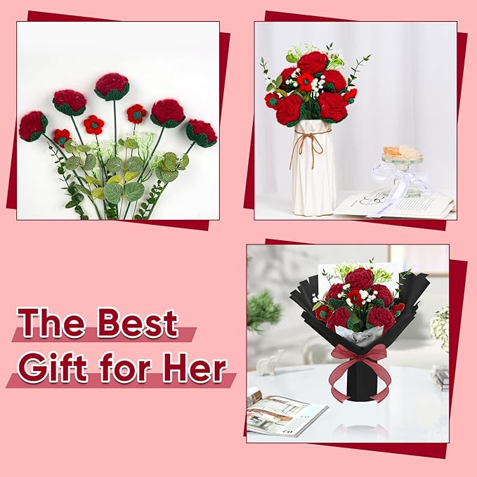 Crochet Flowers Bouquet Handmade Knitted Crochet Flower Bouquet with Rose Artificial Crochet Flower for Mothers Day, Teacher, Valentines, Birthday Home Table Desk Decoration