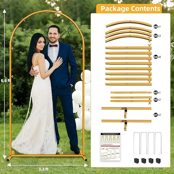 6.6 FT Wedding Arch Backdrop Stand for Party, Balloon Arch Stand, Wedding Arches for Ceremony, Metal Gold Arch Frame Backdrop Stand for Bridal Baby Showers Birthday Decoration Photo