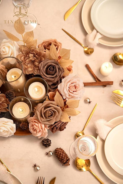 TINGE TIME Artificial Flowers Combo Set, Gradient Color Flower Leaf with Stems for DIY Wedding Bouquets Centerpieces Baby Shower Party Home Decorations(Dark Milk Tea)