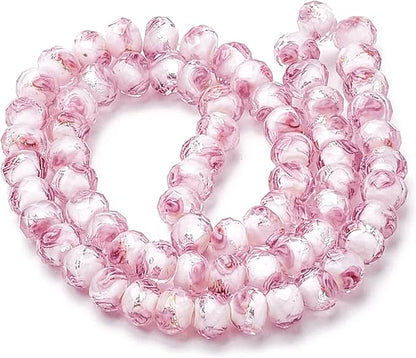 PH PandaHall 70pcs 6~8mm Rose Lampwork Beads Silver Foil Glass Beads Flower Glass Beads Floral Handmade Lampwork Beads Round Loose Beads for Rosary Making Jewelry Craft Making 2mm Hole - Sliver Pink