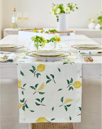 Solino Home Lemon Print Table Runner 48 inch - 100% Pure Linen Table Runner 14 x 48 Inch - Machine Washable - Botanical Lemon/Off White Print