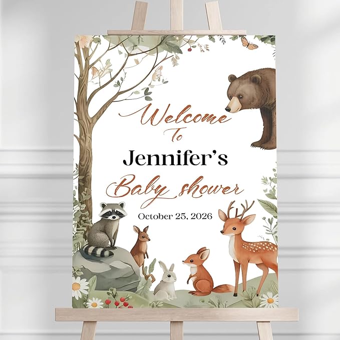 Personalized Baby Shower Welcome Sign With Stand, Forest Animal Baby Shower Yard Sign Decorations, Birthday Welcome Sign For Boy, Due Date Caledar Sign Template