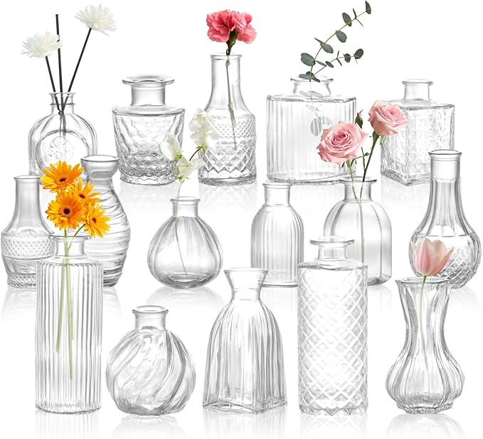 DomeStar 16PCS Glass Bud Vases Set, Small Small Flower Vase for Centerpieces, Vintage Clear Bud Vases in Bulk for Rustic Wedding Centerpieces Home Table Flower Decor