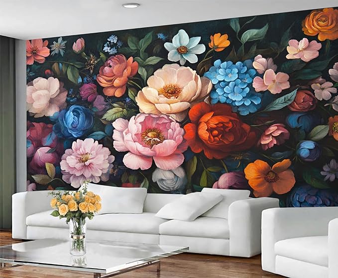 Vintage Peony Floral Wall Mural, Oil Painting Dutch Flower 3D Wall Murals, Romantic Dark Botanical Wallpaper Mural, for Living Room Bedroom Large Wallpaper Indoor Decor 98.4" W x68.9 H