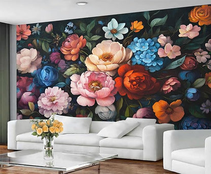KIREUPA Vintage Peony Floral Wall Mural, Oil Painting Dutch Flower 3d Wall Murals, Romantic Dark Botanical Wallpaper Mural, for Living Room Bedroom Large Wallpaper Indoor Decor 78.7" W x55.1 H