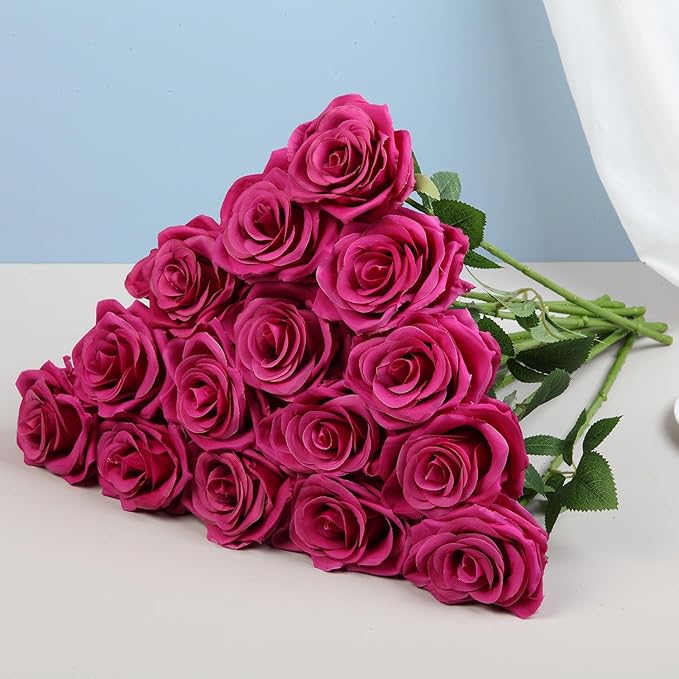 15pcs Fake Roses Artificial Silk Flowers Faux Rose Flower Long Stems Bouquet for Arrangement Wedding Centerpiece Party Home Kitchen Decor