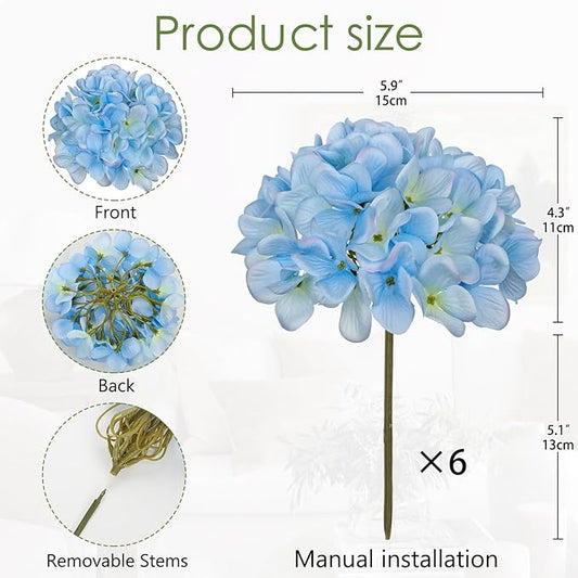 Hollyone 6 Pcs Blue Hydrangea Artificial Flowers Heads with Stems Silk Faux Hydrangea Blue Fake Flowers for Home Indoor Outdoor DIY Floral Wedding Flower Bouquets Kitchen Table Centerpiece Decor