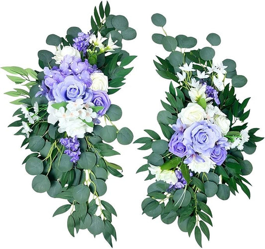 Artificial Wedding Arch Flowers (Pack of 2), White Wedding Flowers for Wedding Welcome Ceremony Sign Faux Floral Swags, Banquet and Reception Backdrop Floral Decoration (White & Purple)
