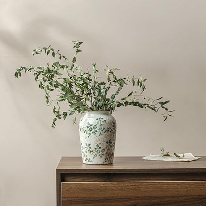 Vintage Pastoral Green and Beige Vase, Round Ceramic Floral Vases, Retro Ice Cracked Chinoiserie Vase for Home Decor, Living Room, Bookshelf, Office, Rustic Table Centerpiece 7.8 Inch