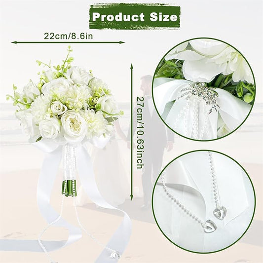 8.6 Inch Wedding Bouquets for Bride Bridesmaid, Ivory White Green Bouquet with Pearl Chains Artificial Fake Silk Roses Flowers for Wedding Boho Rustic Church Decoration Toss Bouquet
