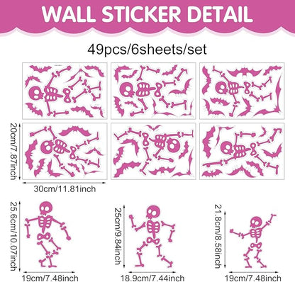 Halloween Wall Decals and Skeleton Window Clings - 6 Sheets 43 Pcs Removable Pink Ghost Bat Wall Stickers for Mirrors, Windows, Home Bedroom Party Decor