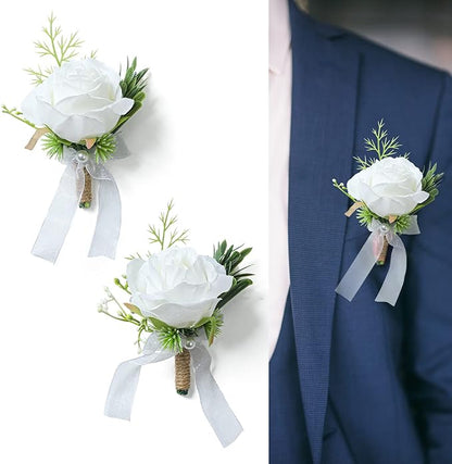 2pcs White Rose Boutonniere for Men Artificial Rose Flower for Wedding Flowers Ceremony Prom Flower (2 Boutonniere)