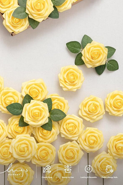 Ling’s Moment Artificial Flowers 25Pcs French Yellow Roses Decor w/Stems,3" Real Touch DIY Foam Floral for Wedding Bouquet/Centerpieces, Outdoors Party Backdrop, Room/Table, and Garden/Pot Decorations