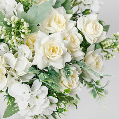 Artificial Flower 5 Branches Artificial Silk Fake Flowers Bouquet Small Roses for Wedding Home Office Tables Decor 4 Packs(White)