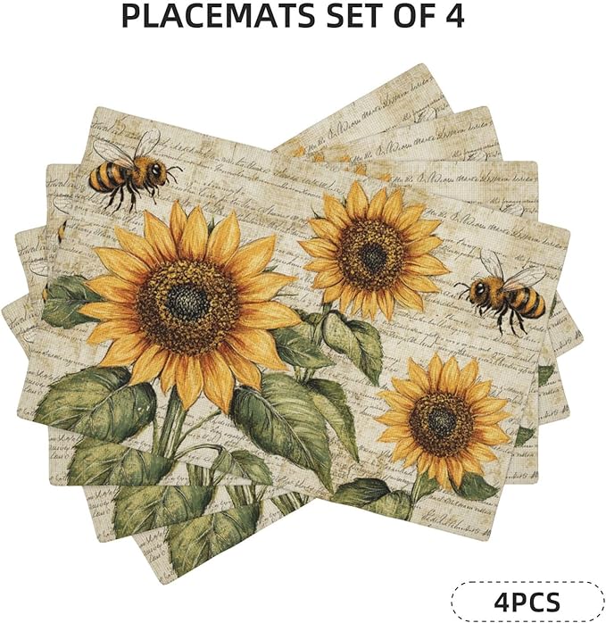 Vintage Sunflower Bee Placemats Set of 4 Washable Table Mats Rustic Spring Summer Floral Heat-Resistant Cotton Linen Place Mats for Dining Table Kitchen Indoor Outdoor Party Holiday Decor