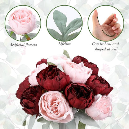 Zeyune 50Pcs Wedding Artificial Peonies 4 Inch Fake Silk Peony Faux Artificial Valentine Flower Bulk Rose Flower Head for Valentine Decoration Vintage Wedding Home Office (Burgundy and Pink)