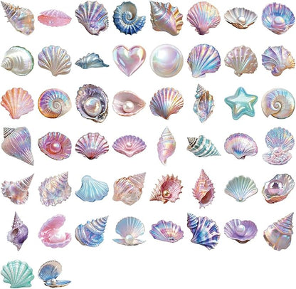 50 Pcs Sea Shell Stickers Waterproof, Transparent PET Aesthetic Stickers, Nautical Clam Shell Pearl Decals for DIY Crafts, Journals, Planners, Laptop & Water Bottle Decor