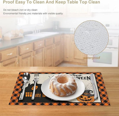 Halloween Placemats Cartoon Retro Funny Horror Castle Spider Web Magic Witch Pumpkin Bat Pumpkin Placemats Table Kitchen Dining Party 12x18 Inch Set of 4