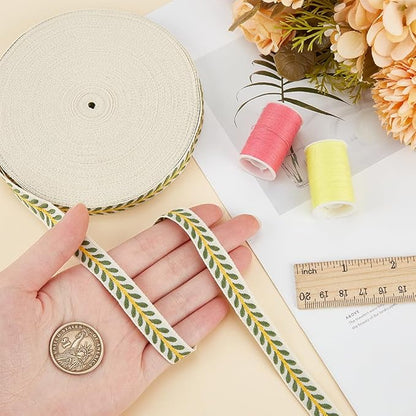 OLYCRAFT 20 Yards/18.3M Modern Sea Green Leaf Striped Jacquard Polyester Ribbon Trim for DIY Sewing Crafts, Home Decor, Clothing Decoration