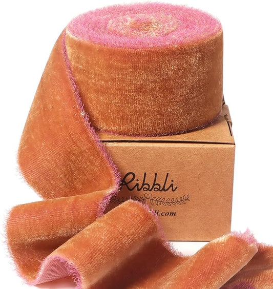Ribbli Cinnamon Velvet Ribbon 1.5 Inch Handmade Frayed Vintage Christmas Ribbon for Gift Wrapping Christmas Tree Ornament Wreath Craft Home Decor -3 Yards