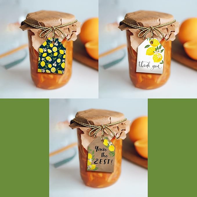 Pro Supply Global 24 Count of 2.5 Inch x 3 Inch Pre Strung Lemons Gift Tag Assorted Printed Designs on Large Cardstock Gift Hang Tags - Ideal to Use on Bags