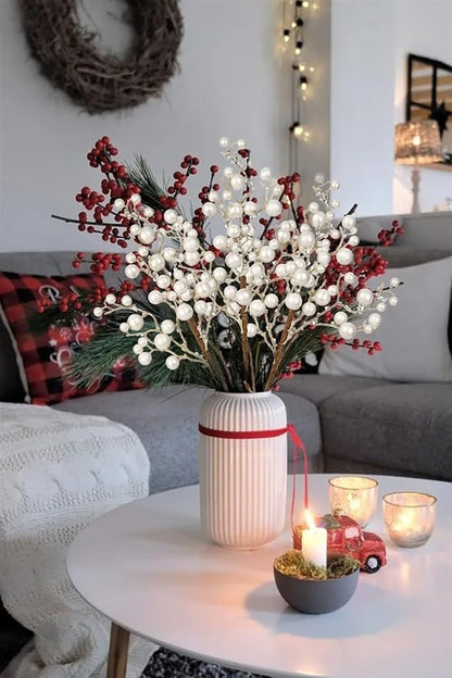 Hollyone 4 Pack Artificial Christmas Glitter Berries Stems, 19 Inch Fake White Holly Berry Picks with Ice Snow for Christmas Tree Wreath Floral Arrangements Holiday Home Vase DIY Crafts Decor