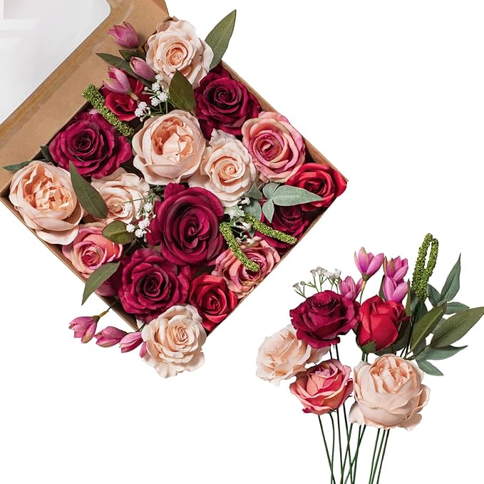 FANKO Rose Artificial Flowers Combo for DIY, Fake Red Rose Silk Flowers Greenery, Faux Flowers for Wedding Bridal Bouquet, Baby Shower, Table Centerpieces, Floral Arrangement, Party Home Decoration