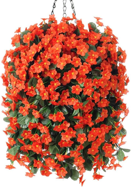 HyeFlora Artificial Fake Hanging Flowers Plants Baskets for Winter Christmas Outdoor Outside, Faux Silk Orange Daisy in Planter UV Resistant Orchid for Home Porch Garden Yard Patio Decor