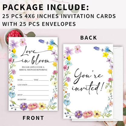 Bridal Shower Invitations, Love In Bloom Invites with Envelopes, 4x6 Inches Floral Invite Card for Wedding Shower, Newlyweds, Party Favor & Decorations-A01