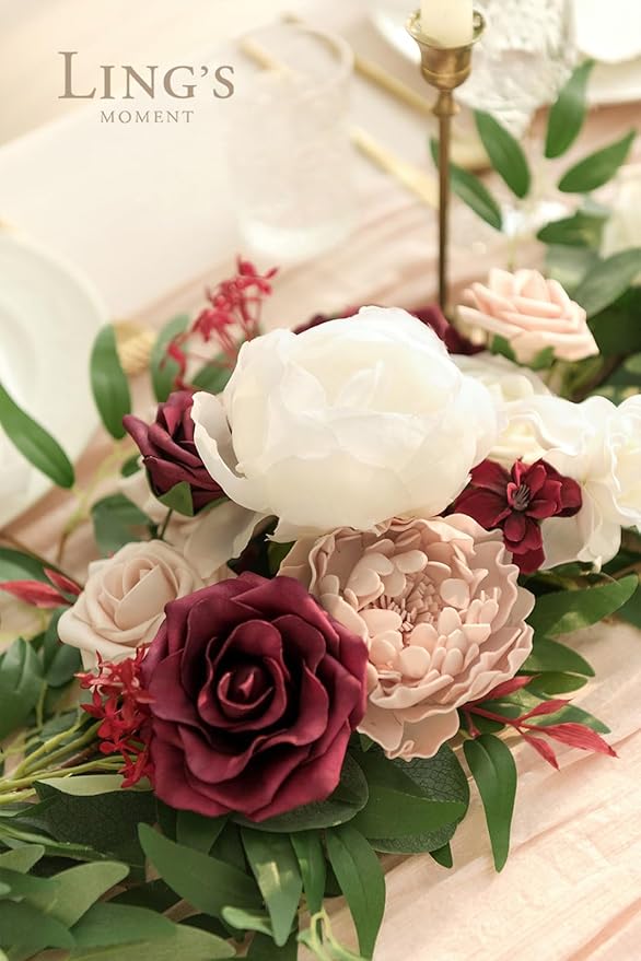 Ling's moment Flower Garland - 6FT Eucalyptus & Rose - Sweetheart Table Decor for Wedding Reception, Artificial Floral Garland for Mantle, Thanksgiving, Christmas Decoration, Marsala